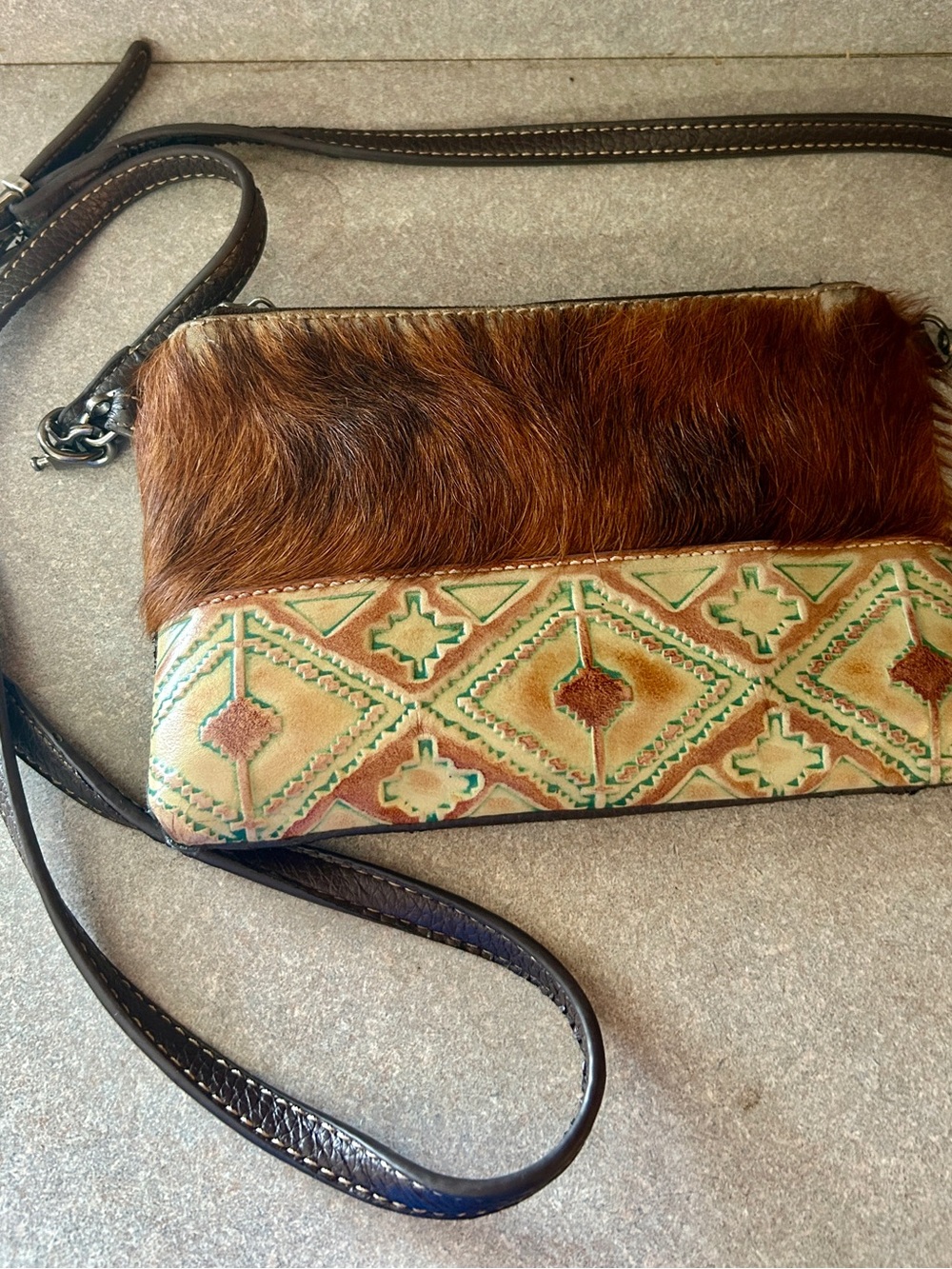 Montana West Brown Hair-On Hide & Tan Embossed Crossbody with Green Accents